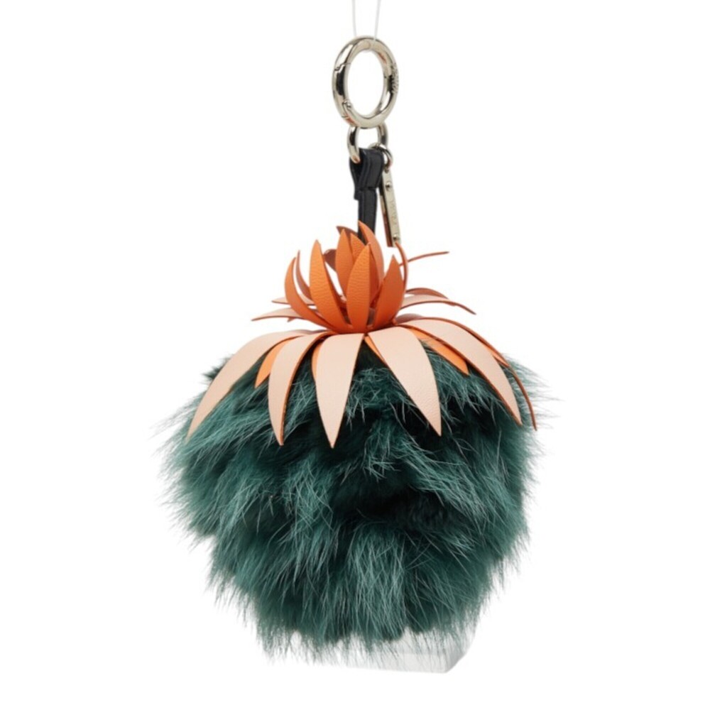 Fendi Pom Fruit Pineapple Charm Accessory Bag Keychain Green Orange Fur Leath...